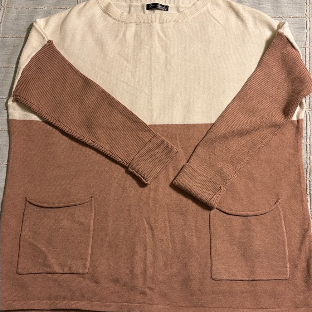 Two-Tone Cream and Brown Women's Crew Neck Sweater